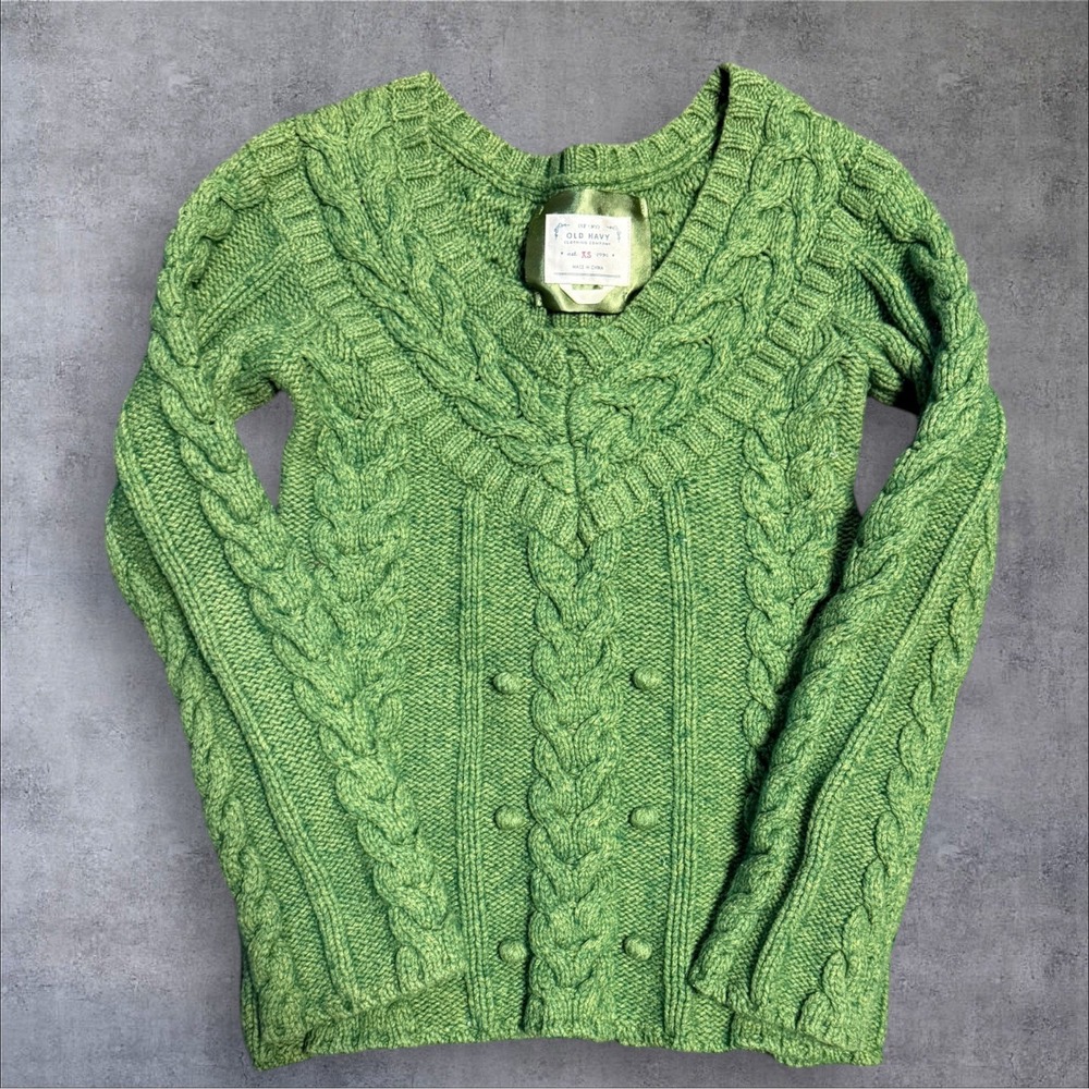 Old Navy XS Sweater Pullover Wool Cable Knit Fisherman Green Bobble Vintage